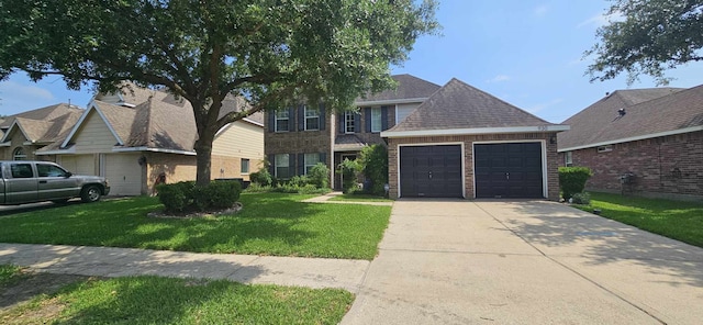 view of front facade with brick siding, a garage, a front lawn, and concrete driveway