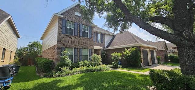 traditional-style home with brick siding and a front lawn