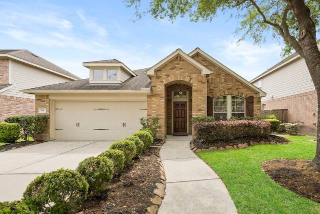 traditional home featuring a front lawn, roof with shingles, brick siding, concrete driveway, and an attached garage