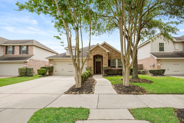traditional-style house with brick siding, a garage, driveway, and a front yard