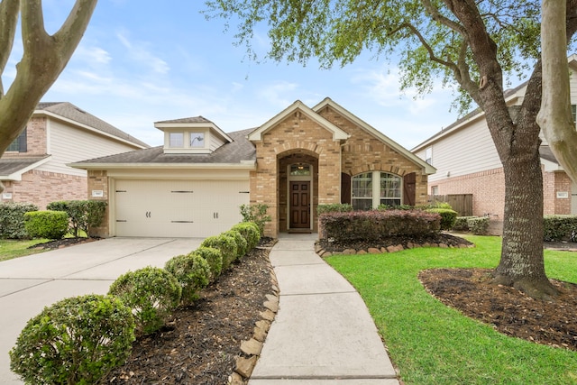 traditional-style home with roof with shingles, brick siding, a front lawn, concrete driveway, and an attached garage