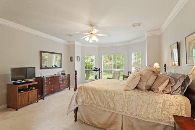 bedroom featuring light carpet, access to exterior, baseboards, visible vents, and ornamental molding
