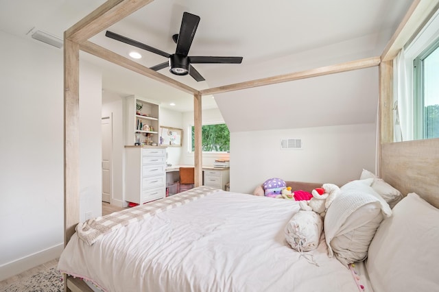 bedroom with ceiling fan, vaulted ceiling, recessed lighting, and visible vents