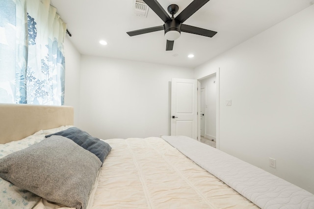 bedroom with recessed lighting, ceiling fan, and visible vents