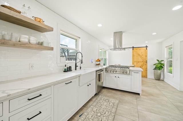 kitchen featuring island range hood, open shelves, a barn door, a sink, and stainless steel appliances