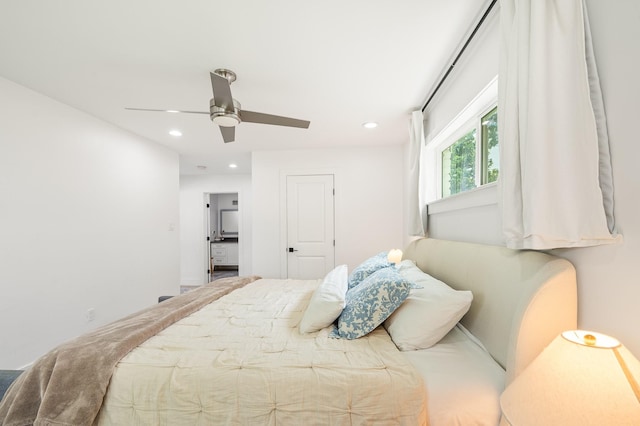bedroom featuring ceiling fan and recessed lighting