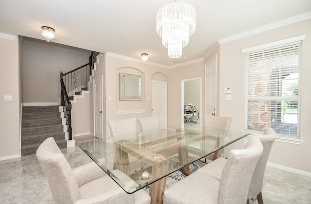 dining area with stairway, baseboards, ornamental molding, and a chandelier