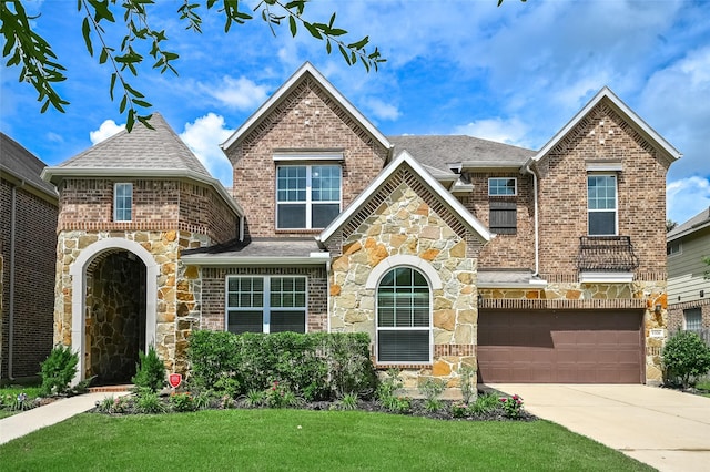 view of front of property with a shingled roof, an attached garage, stone siding, a front yard, and concrete driveway