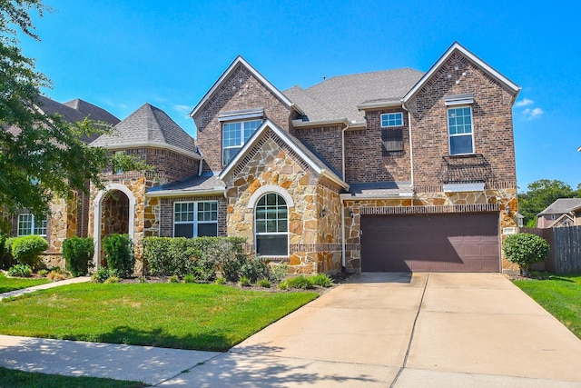 view of front of house with fence, a front lawn, concrete driveway, an attached garage, and stone siding