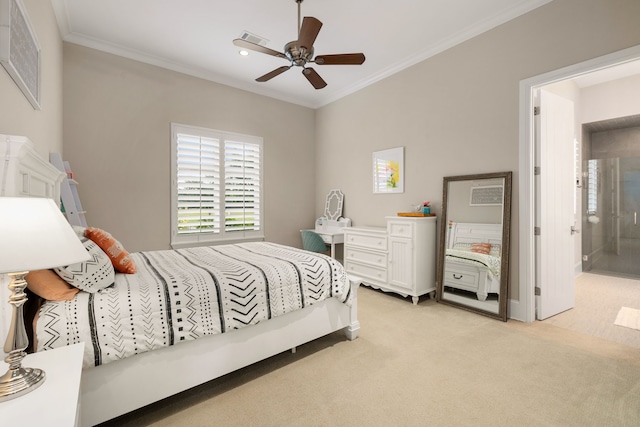 bedroom with visible vents, ornamental molding, light carpet, recessed lighting, and a ceiling fan