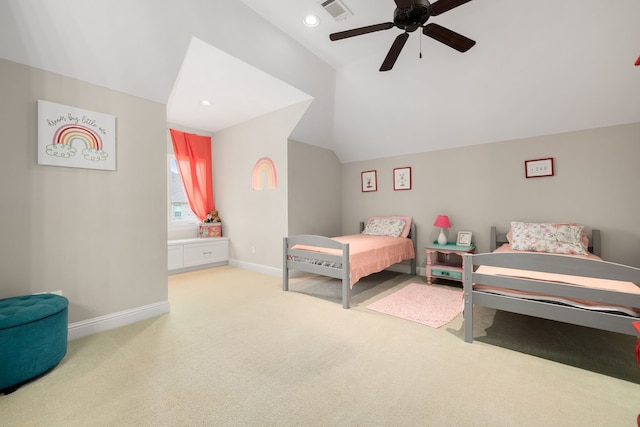 carpeted bedroom with a ceiling fan, visible vents, baseboards, lofted ceiling, and recessed lighting