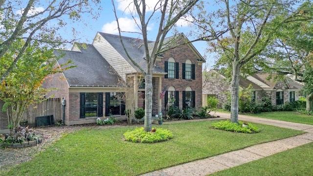 2021 Caravel Dr, League City, TX 77573 - traditional home with a shingled roof, a front lawn, and brick siding