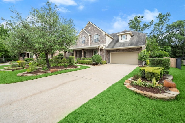 craftsman-style house featuring a garage, brick siding, fence, a front lawn, and concrete driveway