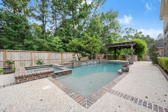 view of swimming pool with a patio, a pergola, a pool with connected hot tub, and a fenced backyard