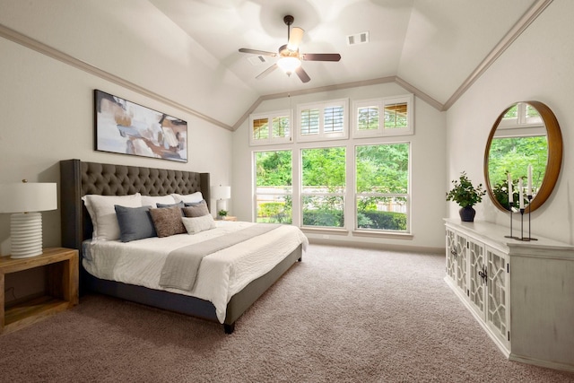 bedroom featuring ceiling fan, lofted ceiling, carpet flooring, and visible vents