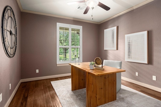office area with baseboards, ornamental molding, dark wood finished floors, and ceiling fan