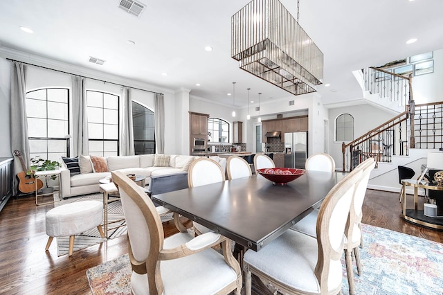 dining space featuring stairway, dark wood-type flooring, recessed lighting, and visible vents
