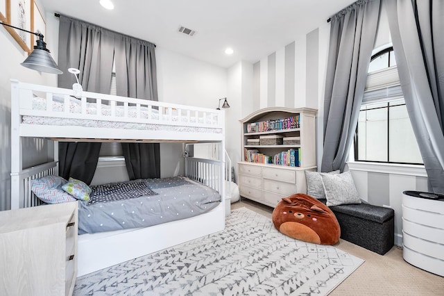 bedroom with recessed lighting, carpet flooring, visible vents, and wallpapered walls