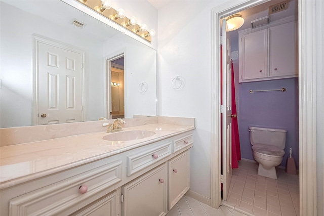 bathroom featuring toilet, visible vents, tile patterned flooring, and vanity