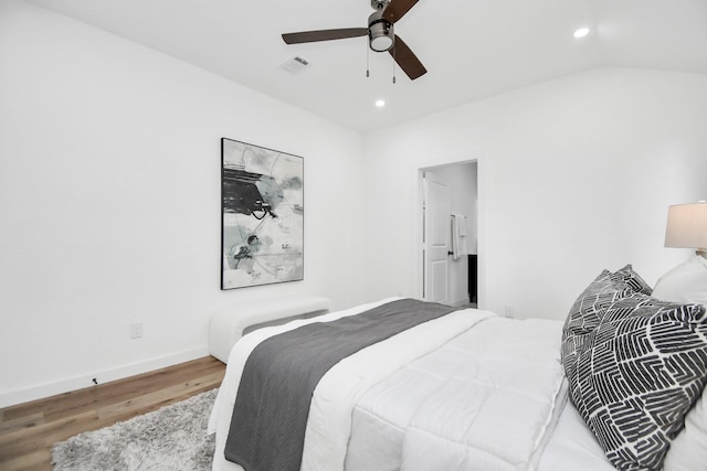 bedroom featuring recessed lighting, baseboards, a ceiling fan, wood finished floors, and visible vents