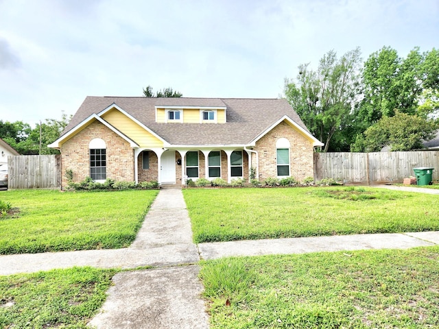 traditional home with covered porch, a front yard, brick siding, fence, and a shingled roof
