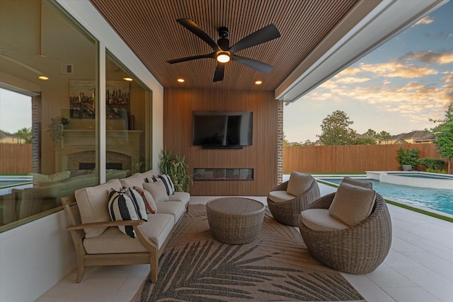 view of patio / terrace featuring an outdoor living space, a ceiling fan, visible vents, a fenced in pool, and fence