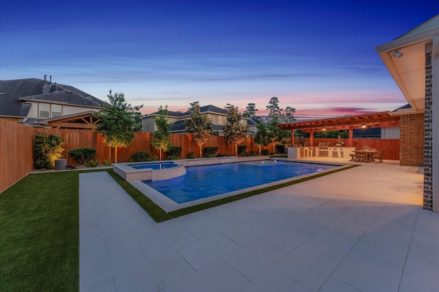 pool at dusk with a patio, a fenced backyard, a pool with connected hot tub, and a pergola