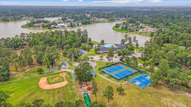 drone / aerial view with a water view