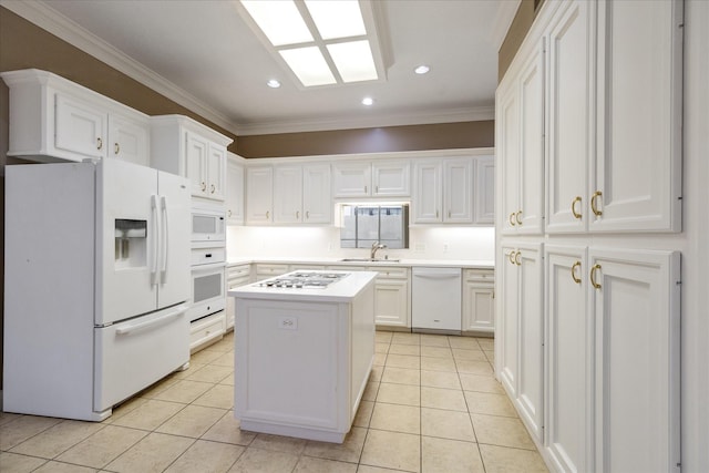 kitchen featuring white cabinetry, light countertops, white appliances, recessed lighting, and light tile patterned flooring