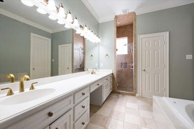 full bath featuring a sink, double vanity, a shower stall, visible vents, and ornamental molding