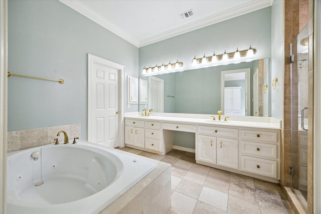 bathroom with crown molding, double vanity, a stall shower, and visible vents