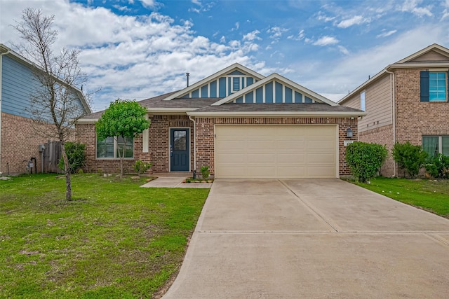 craftsman-style home featuring a garage, a front lawn, fence, brick siding, and driveway