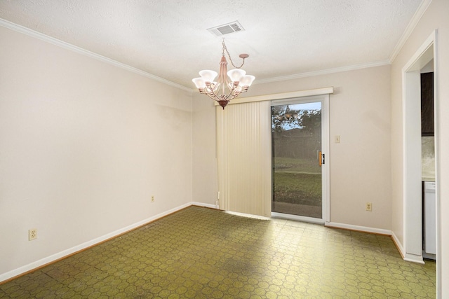 spare room with crown molding, baseboards, a chandelier, and visible vents