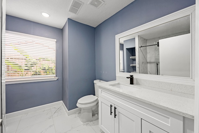 bathroom with toilet, baseboards, visible vents, and marble finish floor