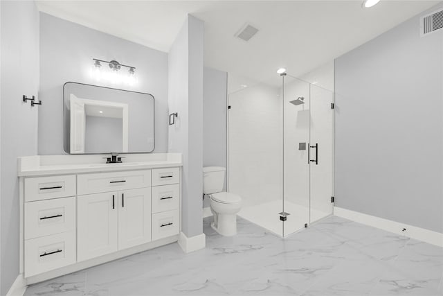 full bath with baseboards, visible vents, marble finish floor, and a stall shower