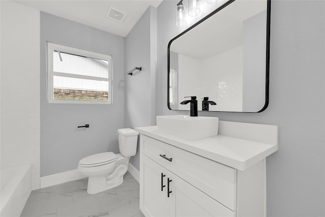 full bath featuring visible vents, baseboards, vanity, toilet, and marble finish floor