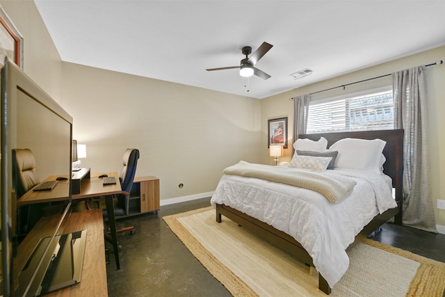 bedroom with visible vents, concrete floors, ceiling fan, and baseboards