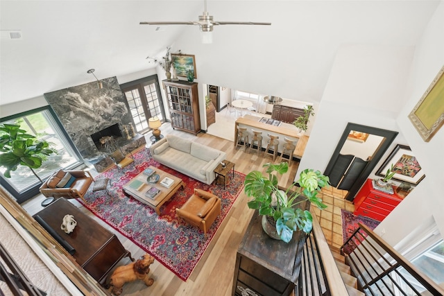 living room with a premium fireplace, a healthy amount of sunlight, wood finished floors, and a towering ceiling