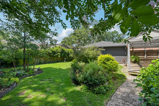 view of yard with a deck and a fenced backyard