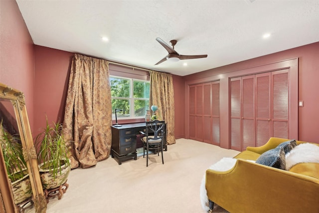 office area featuring recessed lighting, ceiling fan, and carpet