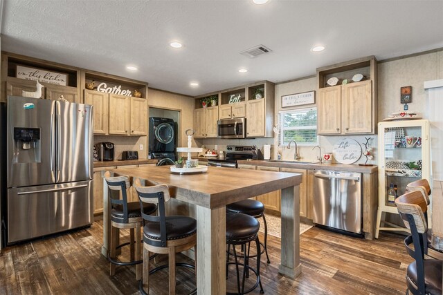 620 Lagoon Dr, Point Blank, TX 77364 - kitchen with appliances with stainless steel finishes, open shelves, wooden counters, and dark wood-type flooring