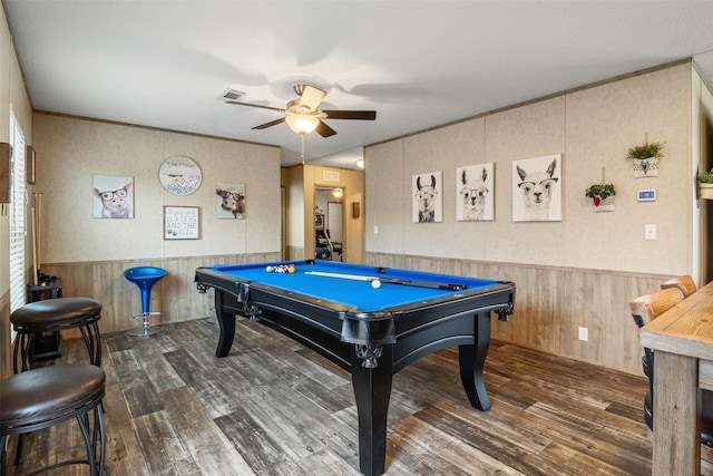 620 Lagoon Dr, Point Blank, TX 77364 - rec room featuring pool table, ceiling fan, wainscoting, and wood finished floors