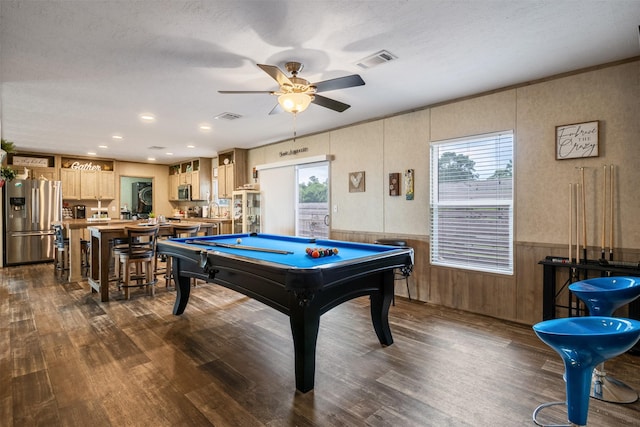 620 Lagoon Dr, Point Blank, TX 77364 - recreation room with ceiling fan, visible vents, dark wood-style floors, and a wainscoted wall