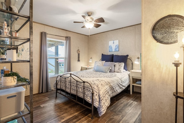 620 Lagoon Dr, Point Blank, TX 77364 - bedroom with crown molding, a ceiling fan, and wood finished floors