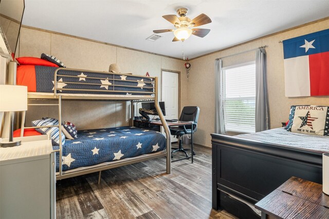 620 Lagoon Dr, Point Blank, TX 77364 - bedroom featuring a ceiling fan, wood finished floors, and visible vents