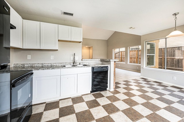 kitchen featuring white cabinets, a sink, beverage cooler, lofted ceiling, and black range with electric cooktop
