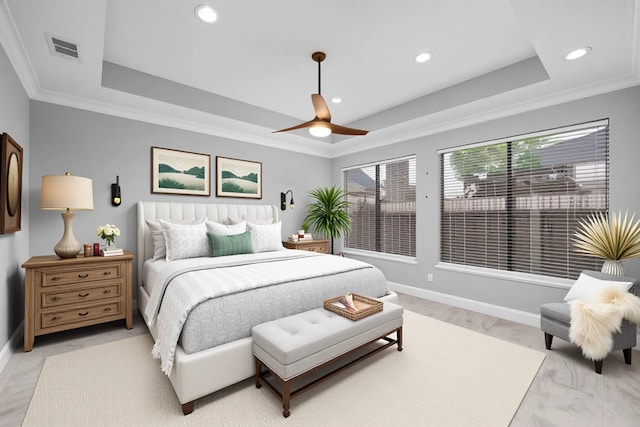 6542 Shinnecock Hills Dr, Houston, TX 77069 - bedroom featuring a raised ceiling, baseboards, recessed lighting, crown molding, and ceiling fan