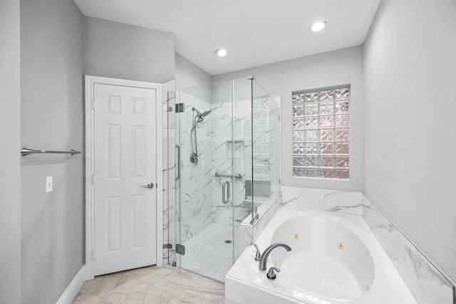 6542 Shinnecock Hills Dr, Houston, TX 77069 - bathroom featuring a whirlpool tub, a marble finish shower, and recessed lighting