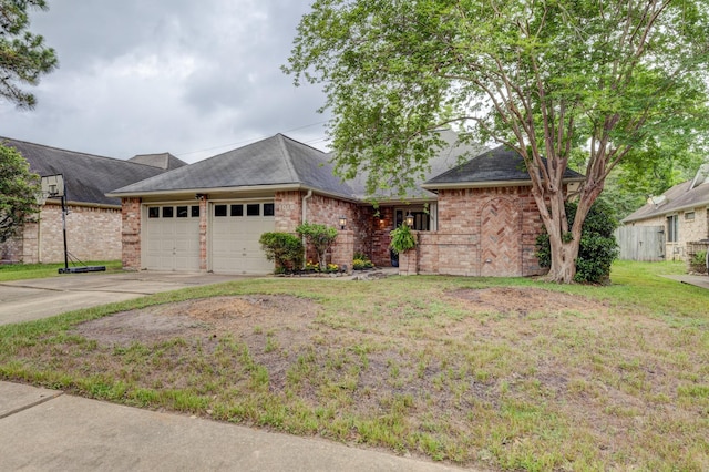 ranch-style house featuring a garage, a shingled roof, concrete driveway, and brick siding