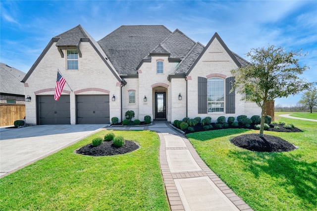 23935 Birchwood Lake Ln, Katy, TX 77493 - french country style house featuring fence, a garage, driveway, and a front lawn